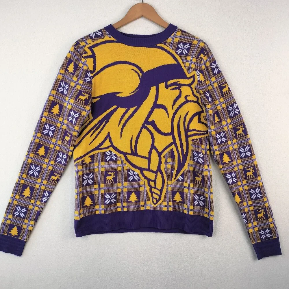 Minnesota Vikings Sweater Mens S Purple Gold Fair Isle Nordic Graphic Print SKOL